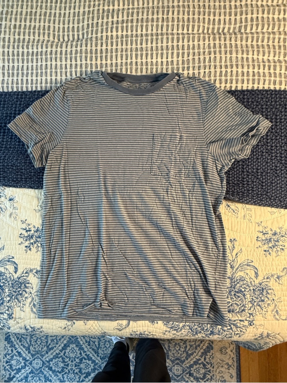 J. Crew Men's Navy and White Striped Crewneck Pocket Tee
